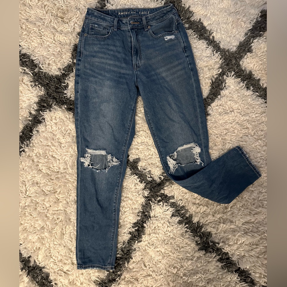 American Eagle Outfitters Distressed Dark Blue High-Rise Jeans
